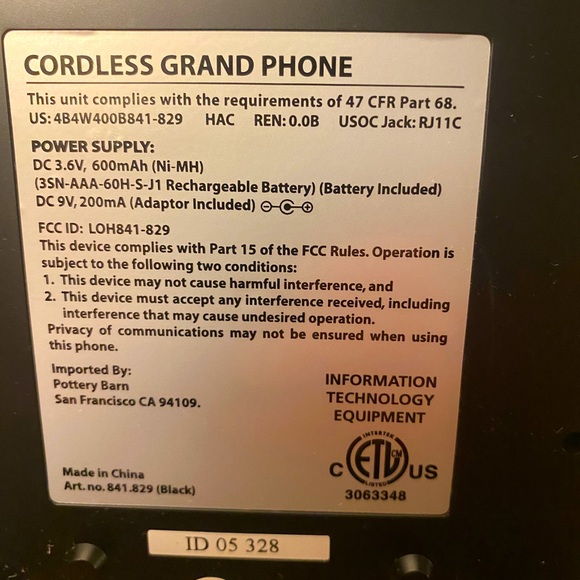 Grand Pottery Barn Cordless Black Phone and Handset Retro Wireless Untested - Picture 9 of 11